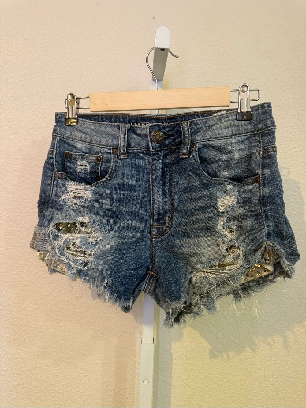 American Eagle Distressed Blue Denim Women's Shorts Sequin Pocket Detail